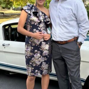 Eliza j size 6 metallic floral on navy 1 shoulder dress juniors lined with slit